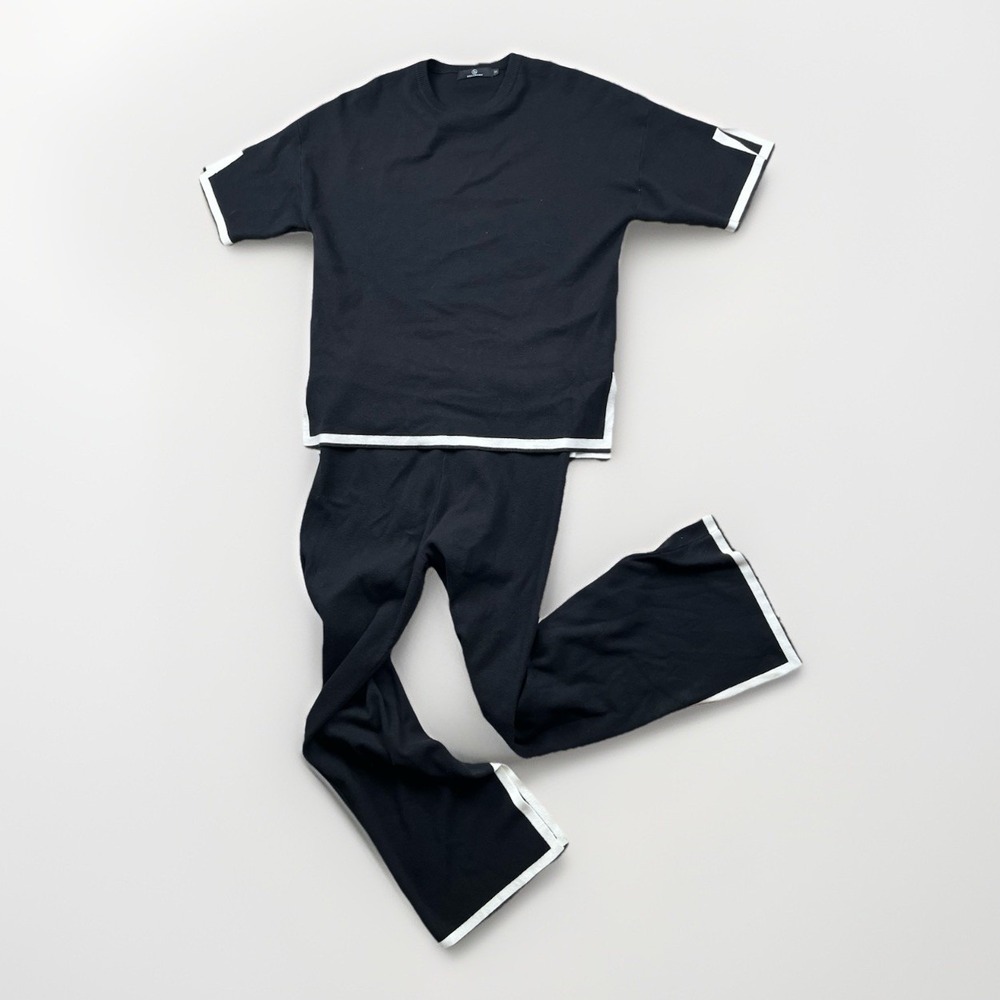 Lillusory‎ 2 Piece Knit Lounge Set Women's Medium Black White Cotton Top & Pants